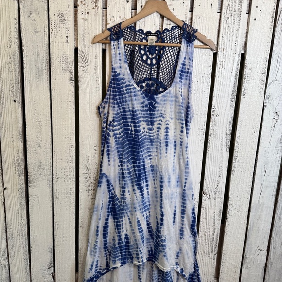 Joe Boxer Tie Dye Dress Hi-Low Crochet Back Size Large Blue‎ & White Sleeveless - Picture 9 of 11
